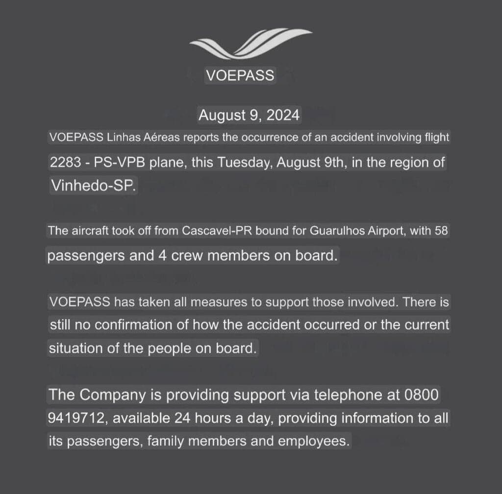 Voepass Flight 2283 Crashes into Homes in Vinhedo; Number of Victims Still Unclear