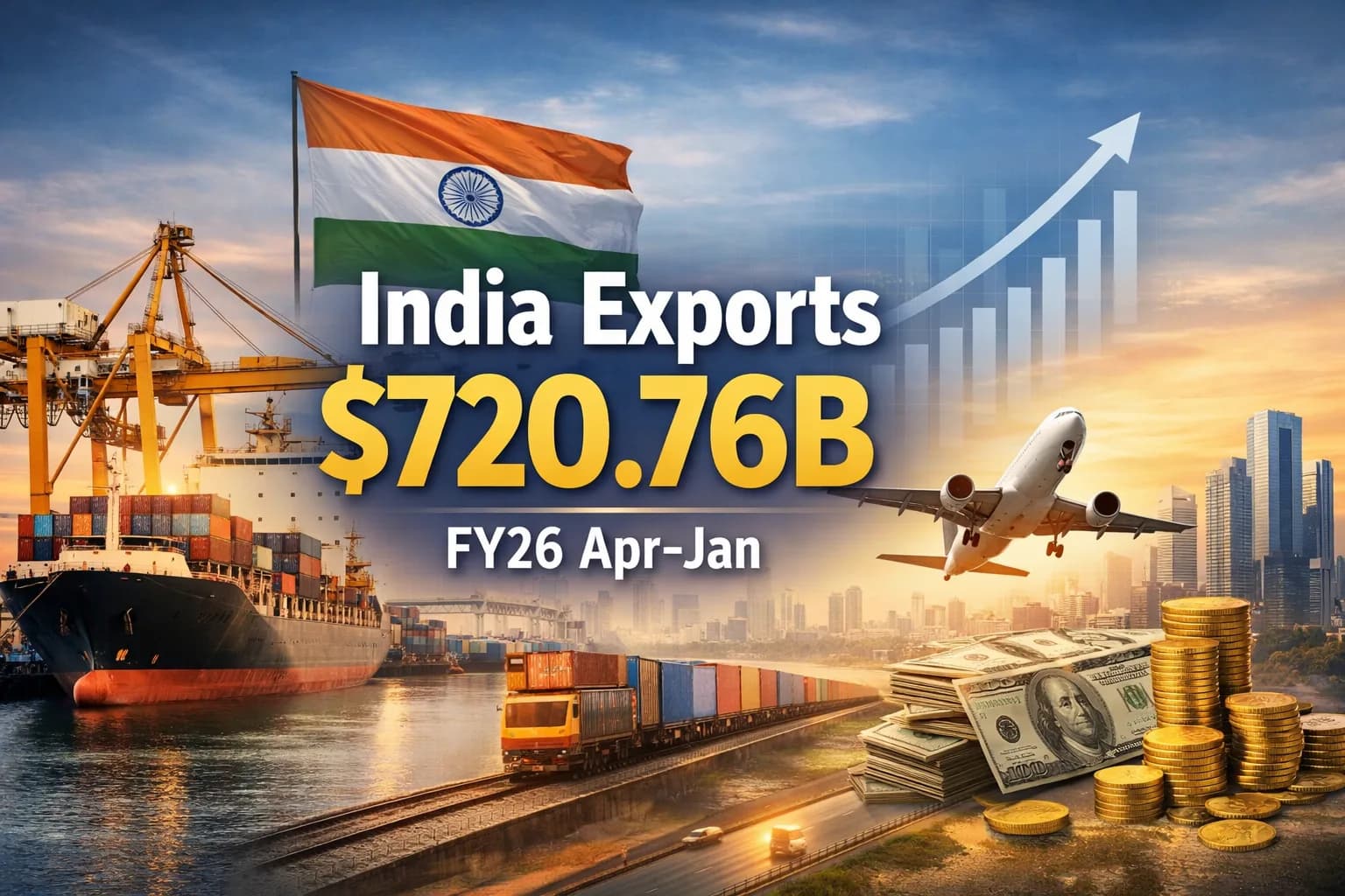 India Exports Hit $720.76 Billion in FY26 (Apr–Jan), Services Lead Growth as Trade Deficit Widens